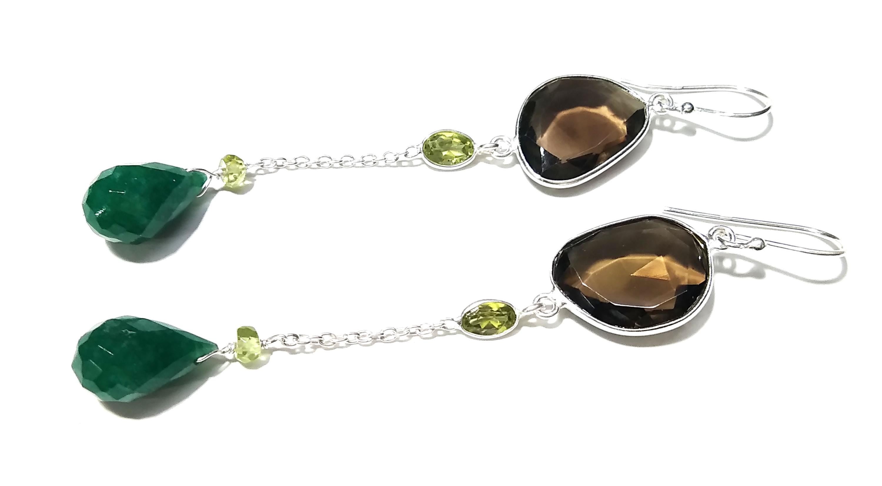 Solid 925 Starling Silver Earrings, Natural Green Jade, Peridot & Smoky Quartz Gemstone Earring, Handmade Earring Jewelry Gift For Women